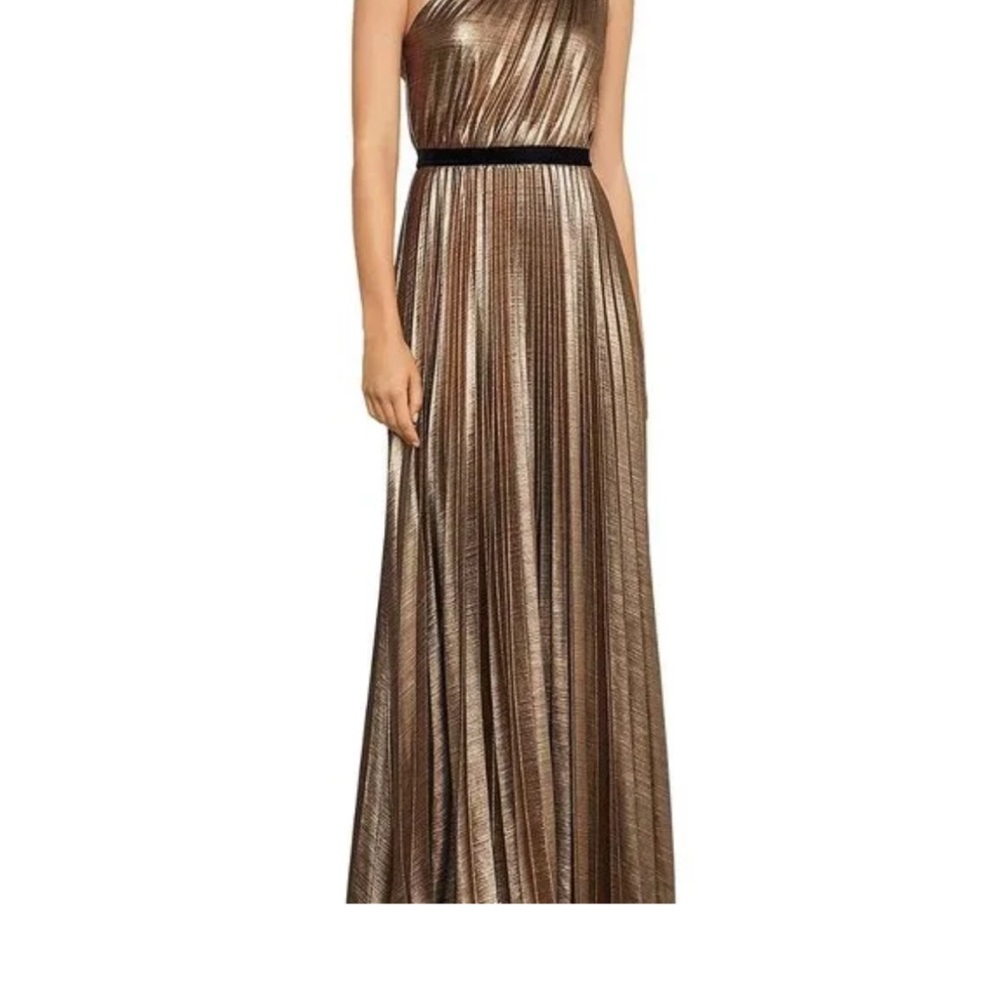 NWT BCBGMaxAzria Gold and Black Pleated One Shoulder Gown